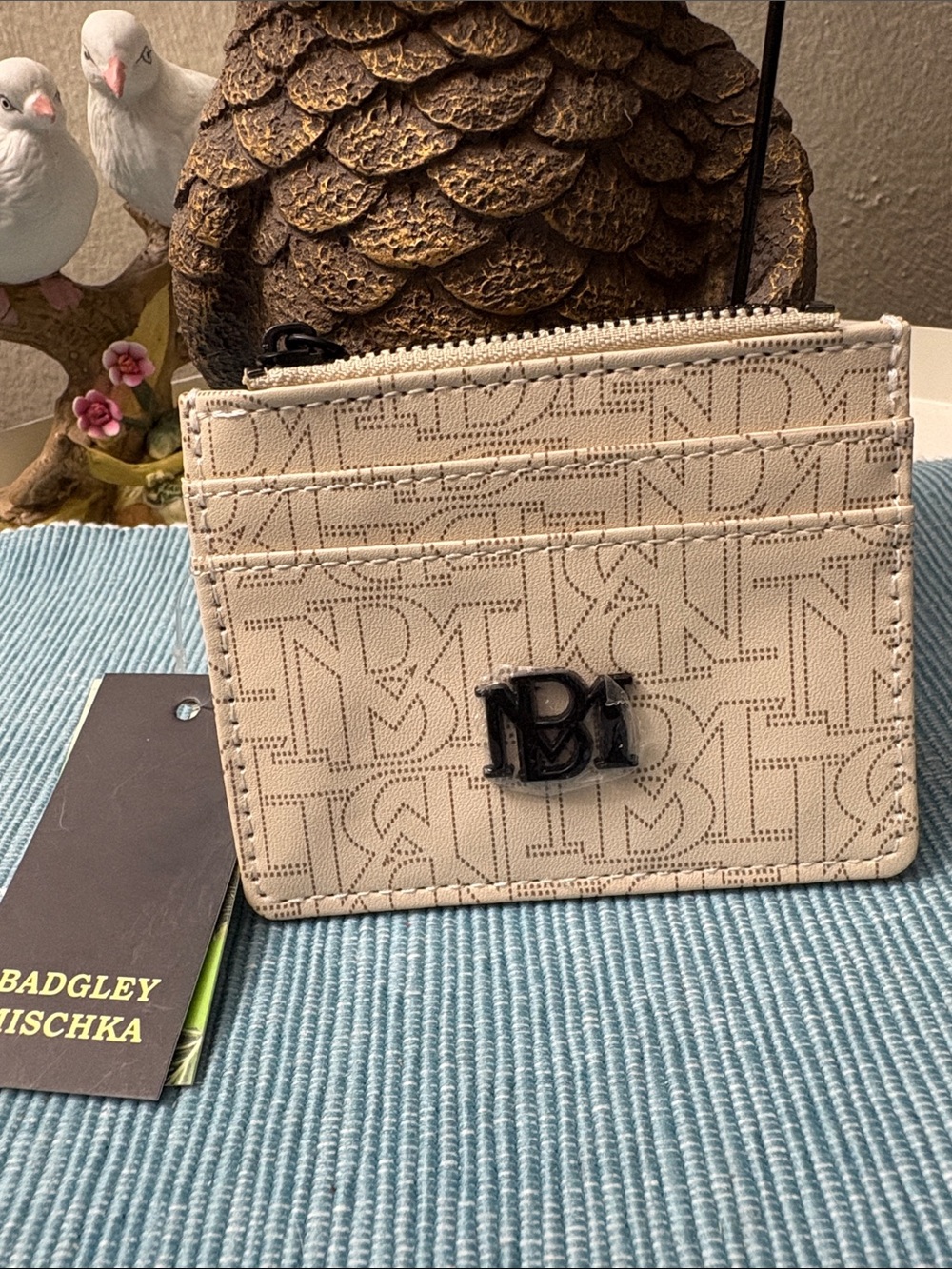 Badgley Mischka Cream Monogram Card Holder with Black Logo Hardware